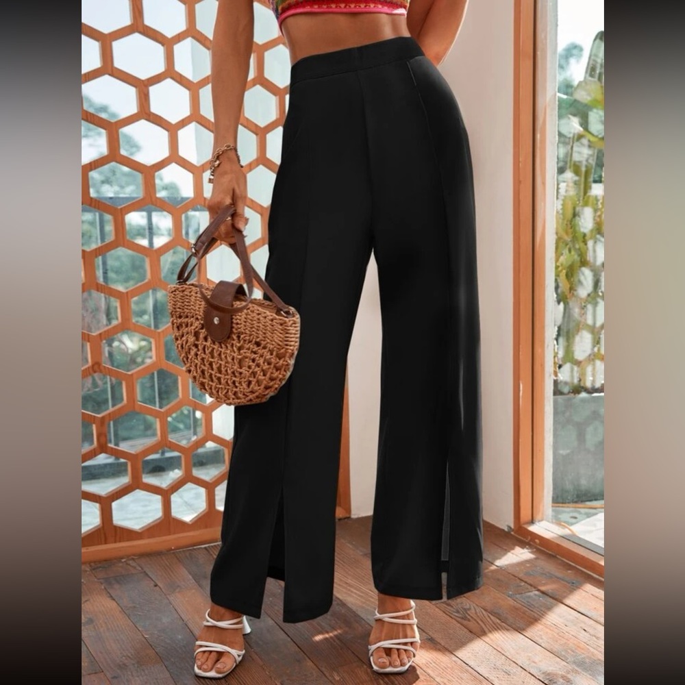 Black Split Hem Wide Leg Pants
